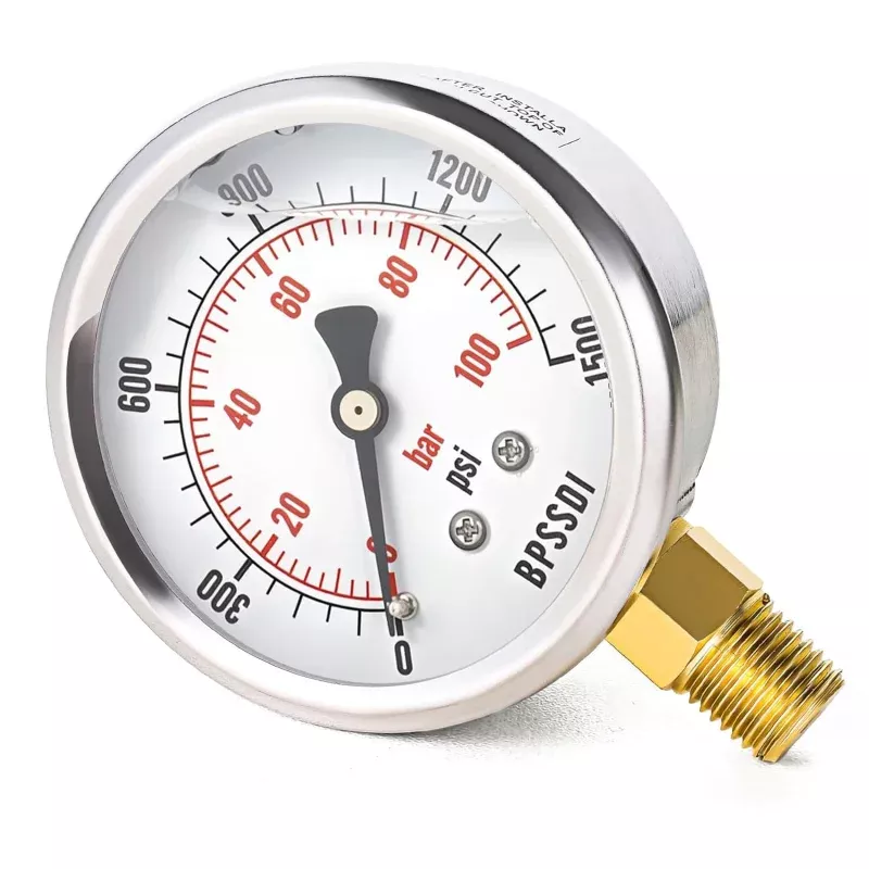 0-1500 Psi Glycerin Liquid Filled Hydraulic Pressure Gauge, 2.5" Dial Size, 1/4" NPT Lower Mount, 304 Stainless Steel Case