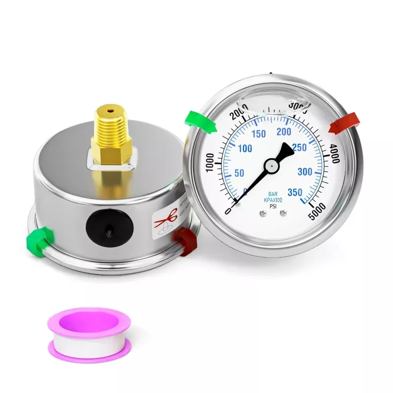 0-5000psi Stainless Steel Glycerin Liquid Filled Pressure Gauge 1/4" NPT 2.5" Face Dial Center Back Mount, for Water