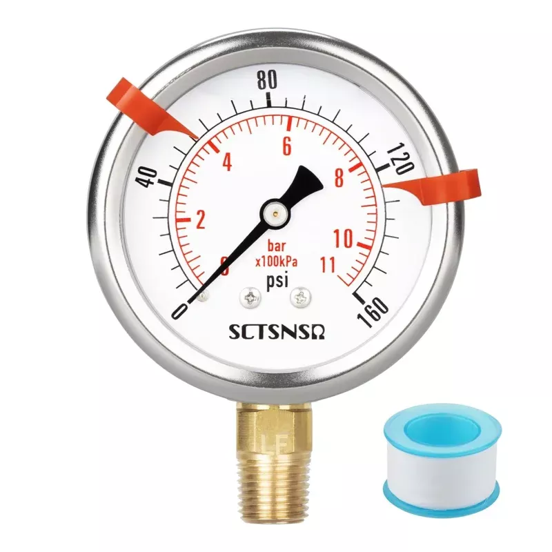 0 to 160 Psi Lead-Free Pressure Gauge, Glycerin Liquid Filled, 2.5 inch Dial, 1/4" NPT Lower Mount, Stainless Steel Case, for Regulator