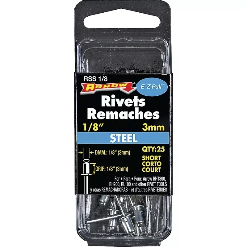 Arrow RSS1/8 Pop Rivet, Short, 1/8 in Grip, 1/8 in L, Steel, 25/PK