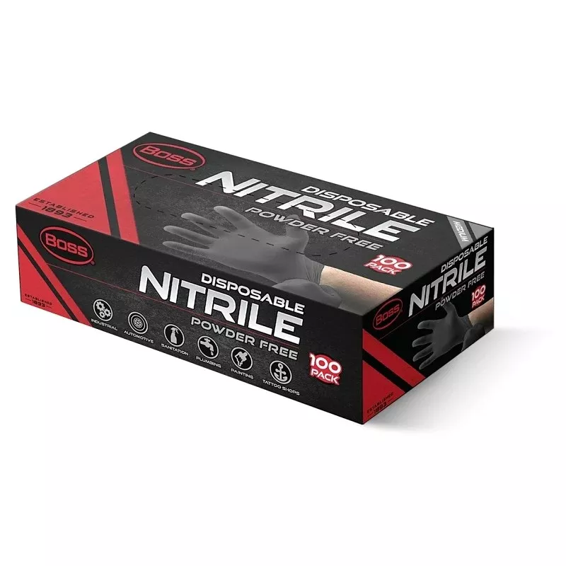 Boss B21051-M Disposable Gloves, 100 CT, M, Nitrile, Black