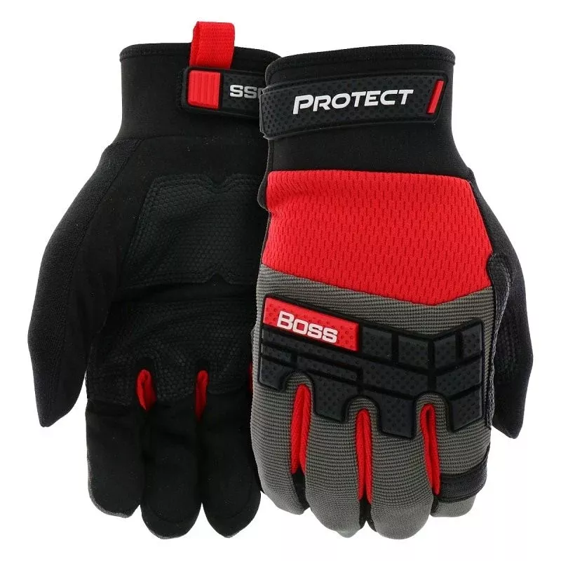 Boss Protect B52344-L Work Gloves, L, 8 to 8-3/8 in L, Reinforced Thumb, Hook and Loop, Slip-On Cuff, Gray