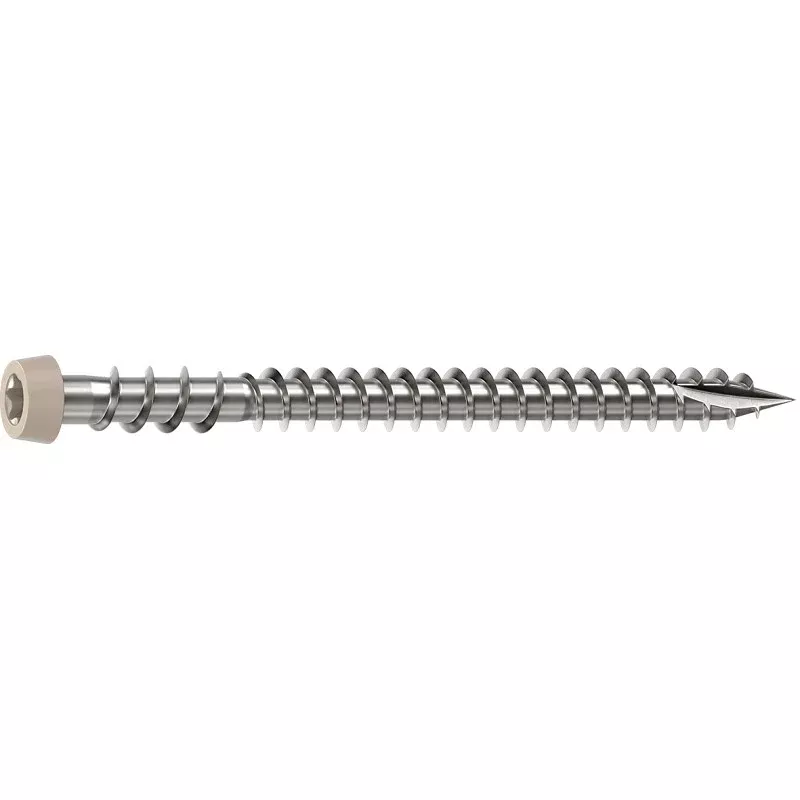 Camo 0367158SS Deck Screw, #10 Thread, 2-1/2 in L, Reverse Upper Thread, Trim Head, Star Drive, Type-17 Point, Sand