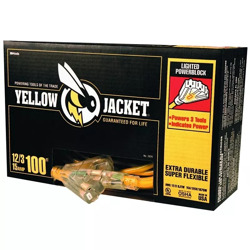 CCI 2820 Power Block, 100 ft L, 3 -Outlet, 15 A, 125 V, Yellow Sheath