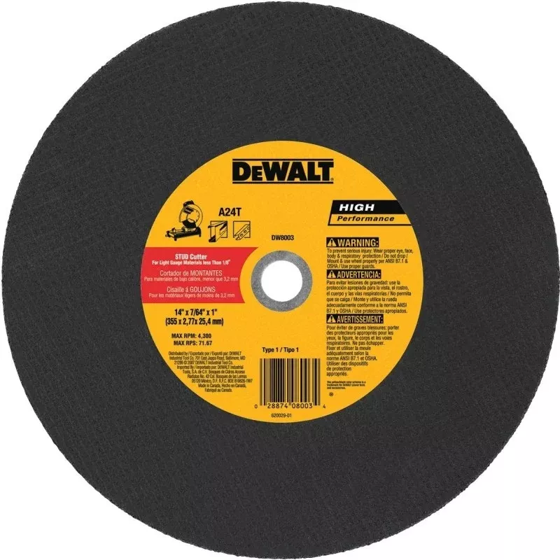 DEWALT DW8003 Cutting Wheel, 14 in Dia, 7/64 in Thick, 1 in Arbor, Aluminum Oxide Abrasive, Coarse
