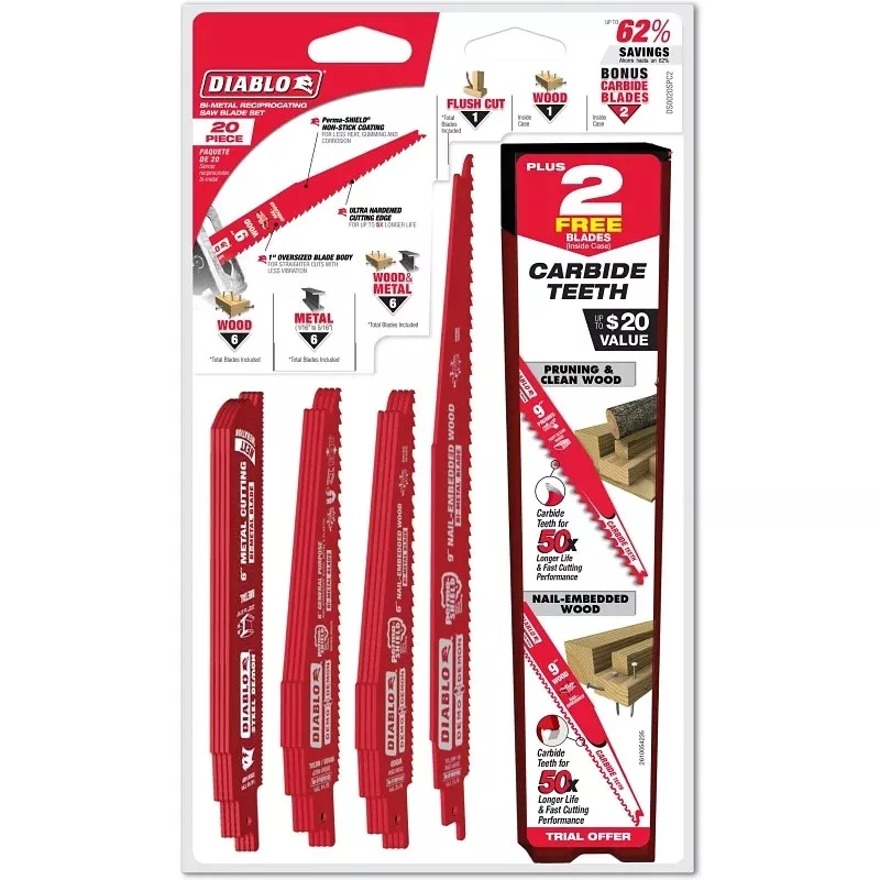 Diablo DS0020SPC2 Reciprocating Saw Blade Set, 20-Piece, Bi-Metal, Red
