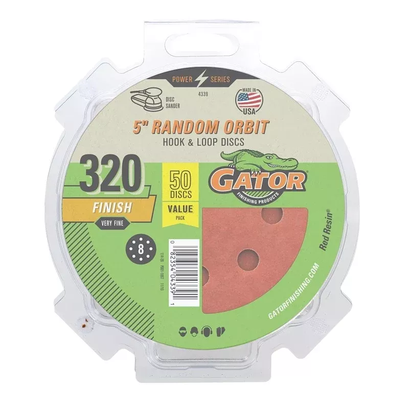 Gator 4339 Sanding Disc, 5 in Dia, 320 Grit, Very Fine, Aluminum Oxide Abrasive, Fiber Backing, 50/PK