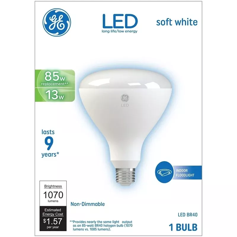 GE 24261 LED Bulb, Flood/Spotlight, BR40 Lamp, 85 W Equivalent, E26 Lamp Base, Soft White Light, 2700 K Color Temp