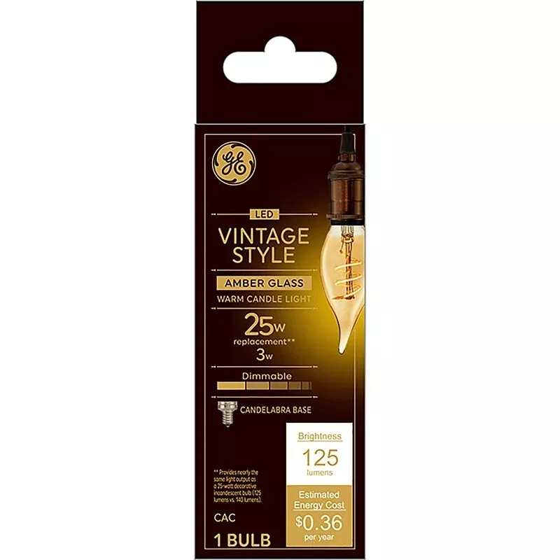 GE 36488 Vintage Light Bulb, CAC Lamp, 25 W Equivalent, E12 (Candelabra) Lamp Base, Dimmable, Amber, Warm White Light