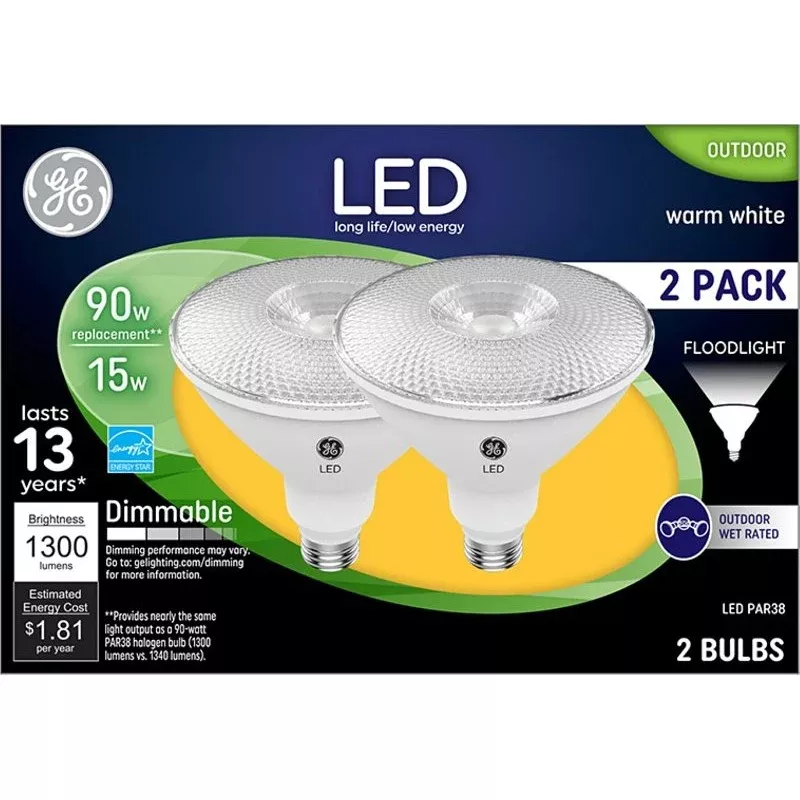 GE 38452 Floodlight Bulb, PAR38 Lamp, 90 W Equivalent, Medium Lamp Base, Dimmable, Bright White Light, 3000 K Color Temp
