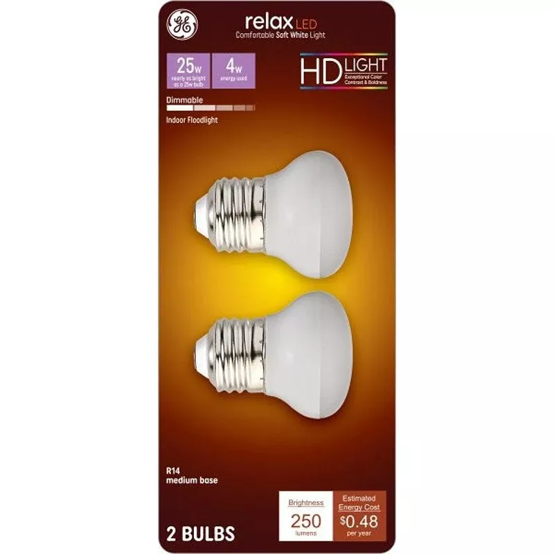 GE 46960 LED Bulb, R14 Lamp, 25 W Equivalent, Medium Lamp Base, Dimmable, 2700 K Color Temp