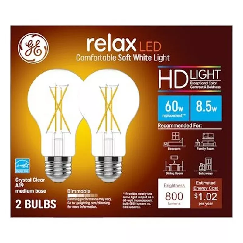 GE 93129016 LED Bulb, General-Purpose, A19 Lamp, 60 W Equivalent, E24/E26 Medium Lamp Base, Dimmable, Soft White Light