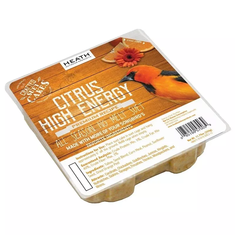 Heath DDC3-12 Wild Bird Seed, Crafted Suet, Cake, 11.75 oz Pack, Ingredients: Orange Peel, Peanuts, Seeds, 12/PK