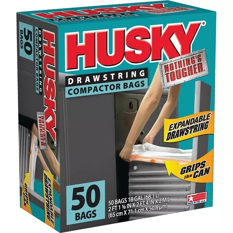 Husky HK18XDS050W Trash Compactor Bag with Drawstring, 18 gal Capacity, White, 2 ft 1-5/8 in L, 2 ft 4 in W