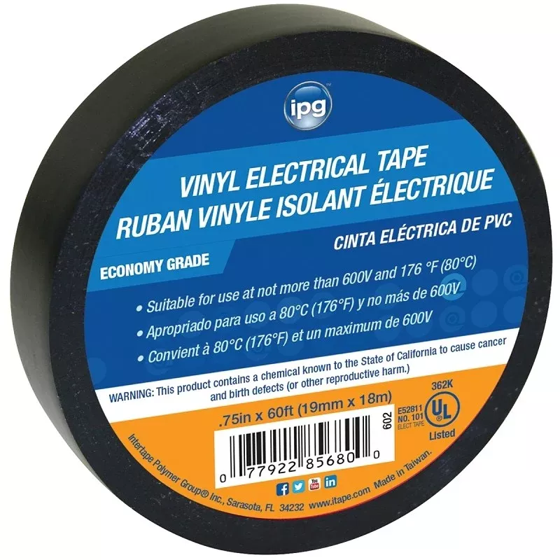 IPG 602 Electrical Tape, 60 ft L, 3/4 in W, PVC Backing, Black