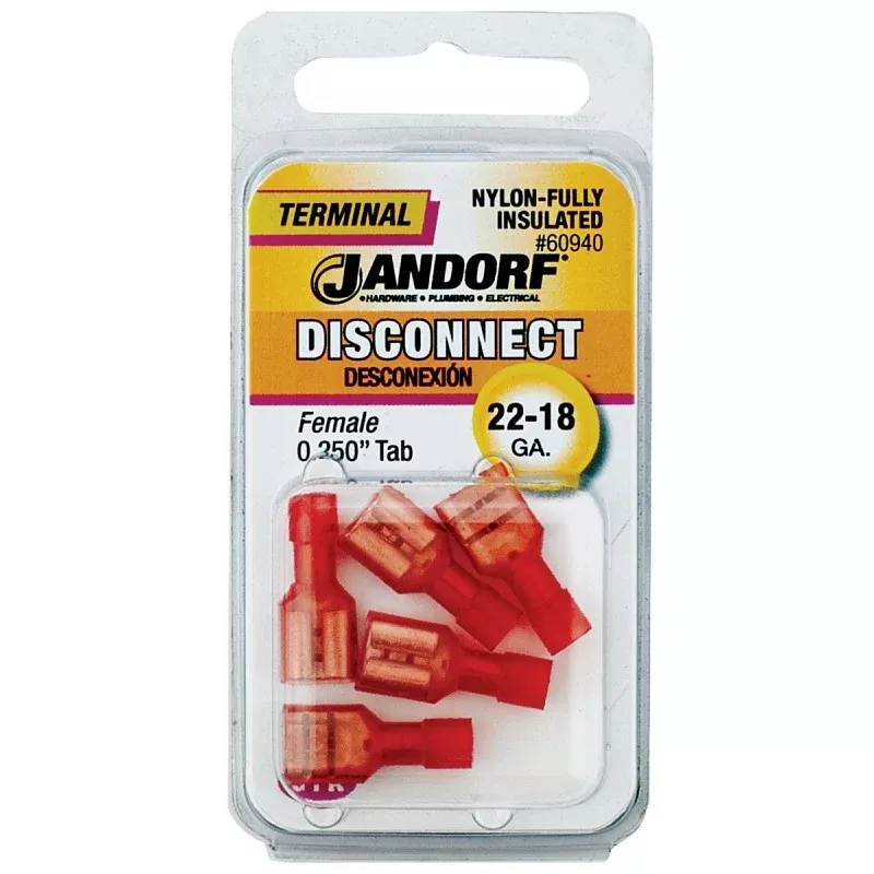 Jandorf 60940 Disconnect Terminal, 22 to 18 AWG Wire, Nylon Insulation, Copper Contact, Red