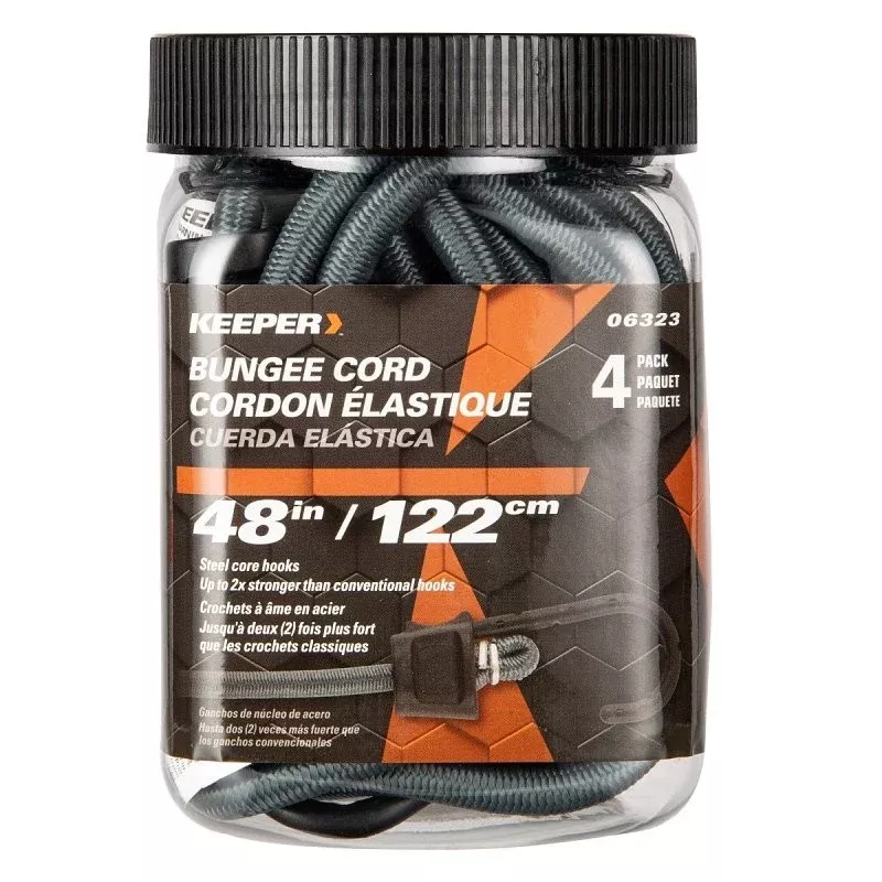 Keeper 06323 Bungee Cord, Polypropylene End, 48 in L, Rubber, Gray, Hook End, 4/PK