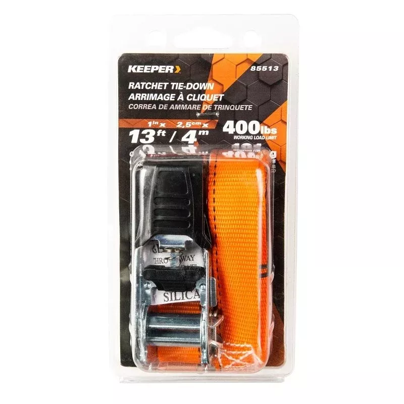 Keeper 85513 Tie-Down, 1 in W, 13 ft L, Orange, 400 lb, S-Hook End Fitting