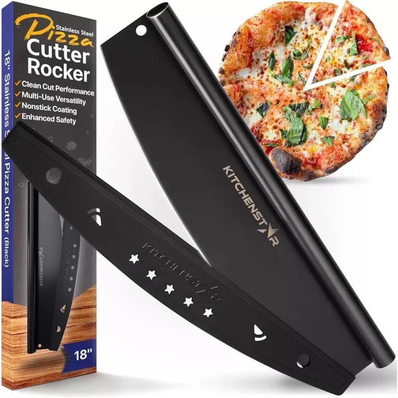 KitchenStar 18-Inch Pizza Cutter Rocker Blade - Sharp Stainless Steel Slicer Knife, Protective Cover, Black Nonstick, Extra Large