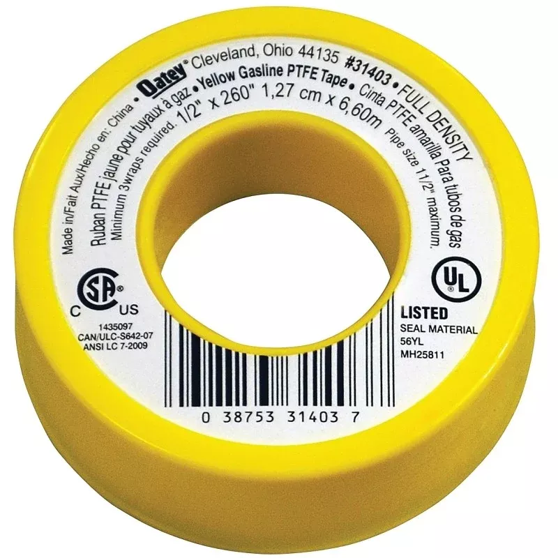 Oatey 31403 Thread Seal Tape, 260 in L, 1/2 in W, PTFE, Yellow