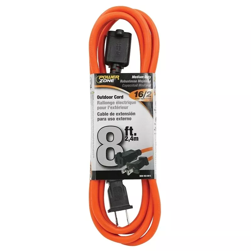 PowerZone OR481608 Outdoor Extension Cord, 16 AWG Wire, 8 ft L, Orange Sheath