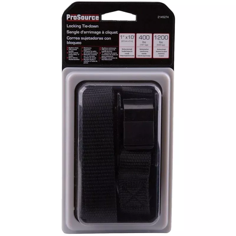ProSource RT45481 Tie-Down, 1 in W, 10 ft L, Polyester Webbing, Metal Buckle, Black, 400 lb, S-Hook End Fitting