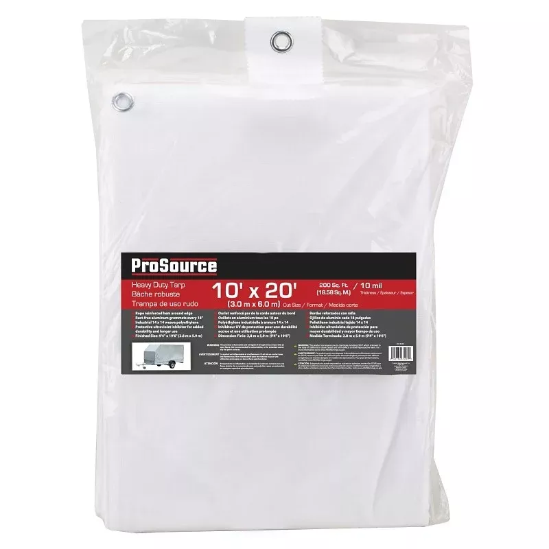 ProSource TW1020 Tarp, 20 ft L, 10 ft W, 10 mil Thick, Plastic, White