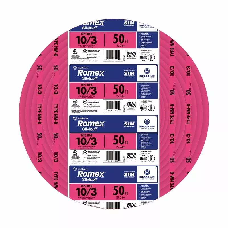 Romex 10/3NM-WGX50 Building Wire, 10 AWG Wire, 3-Conductor, 50 ft L, Copper Conductor, PVC Insulation, Nylon Sheath