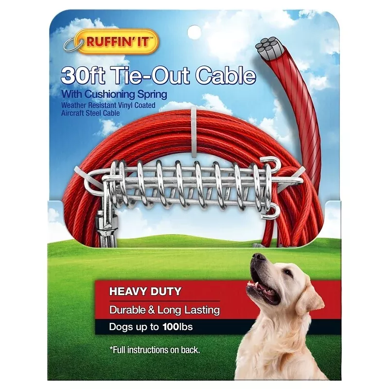 Ruffin'It 29230 Cable Tie-Out with Cushioning Spring, Heavy-Duty, Swivel Snap End, 30 ft, Steel, Red