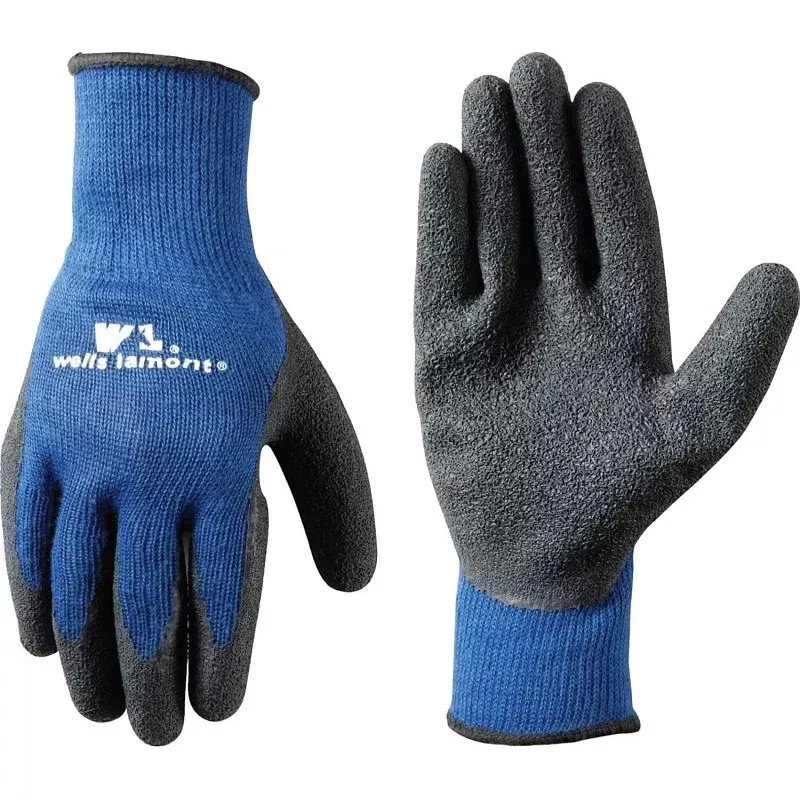 Wells Lamont 524L Work Gloves, Men's, L, Knit Cuff, Latex Coating, Cotton/Polyester Glove, Black/Blue