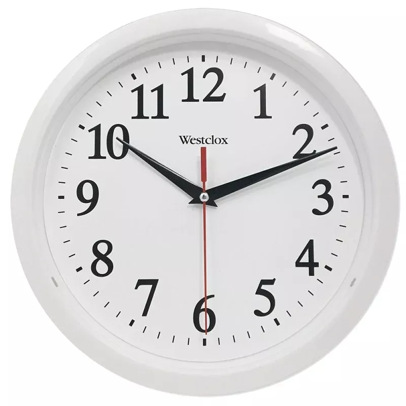 Westclox 461761 Clock, 10 in Dia, Round, White Frame, Plastic Clock Face, Analog