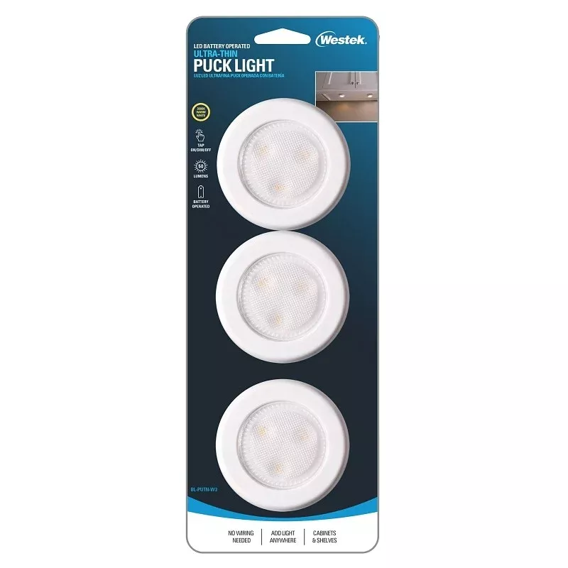 Westek BL-PUTN-W3 Compact Ultra-Thin Puck Light, 12 V, AAA Battery, 1-Lamp, LED Lamp, 50 Lumens, White, 3/CD
