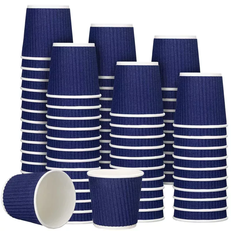 Yaomiao 200 Pcs 4 oz Disposable Espresso Coffee Cups, Blue | Ripple Corrugated Paper, Insulated, Hot Cups for Party, Cold Drinks Hot Beverage Tea