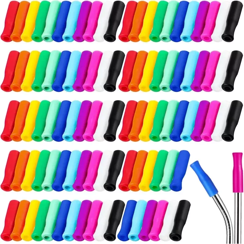Zhehao 100 Pcs Silicone Straw Tip Multicolored Straw Tip Cover Reusable Silicone Cover Metal Tip for 6mm Outer Diameter Metal Stainless Steel